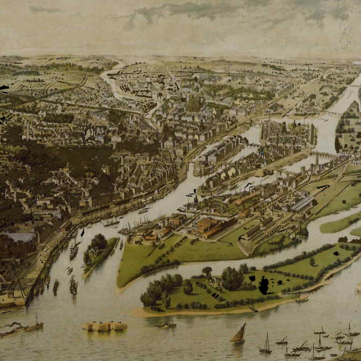 "The Port of Nantes Seen from a Balloon". Drawing by Hugo Alesi, 1888. "The Port of Nantes: a 3 000-Year History", September 2006.